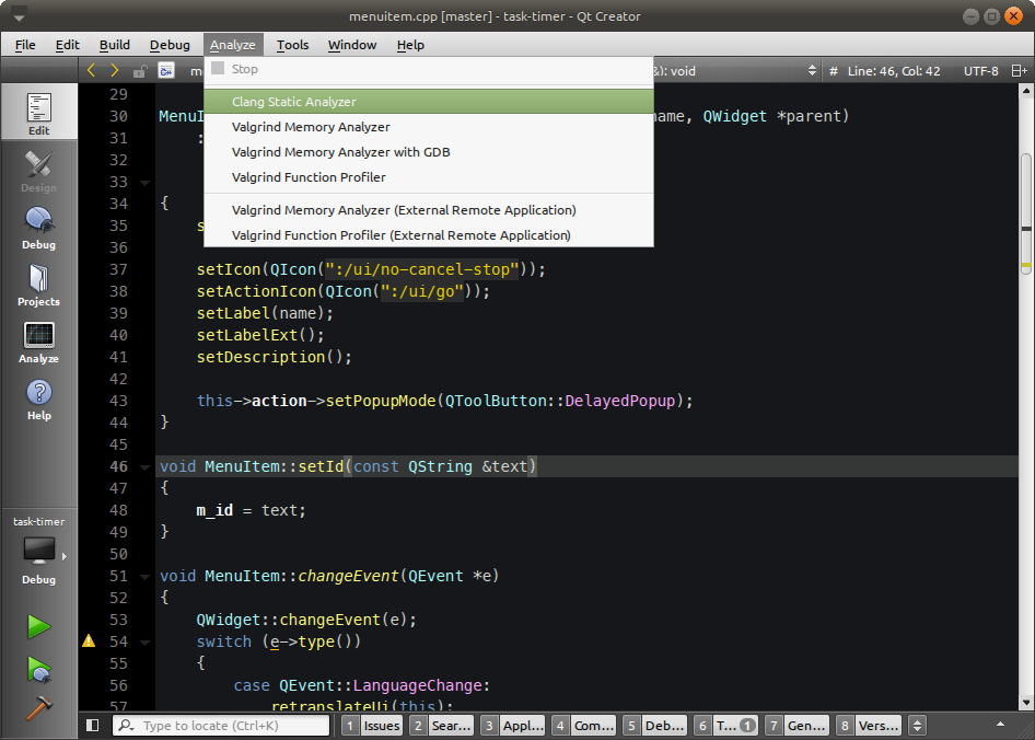 Qt creator Интерфейс. Clang static Analyzer. Clang компилятор. Темная тема в qt creator.